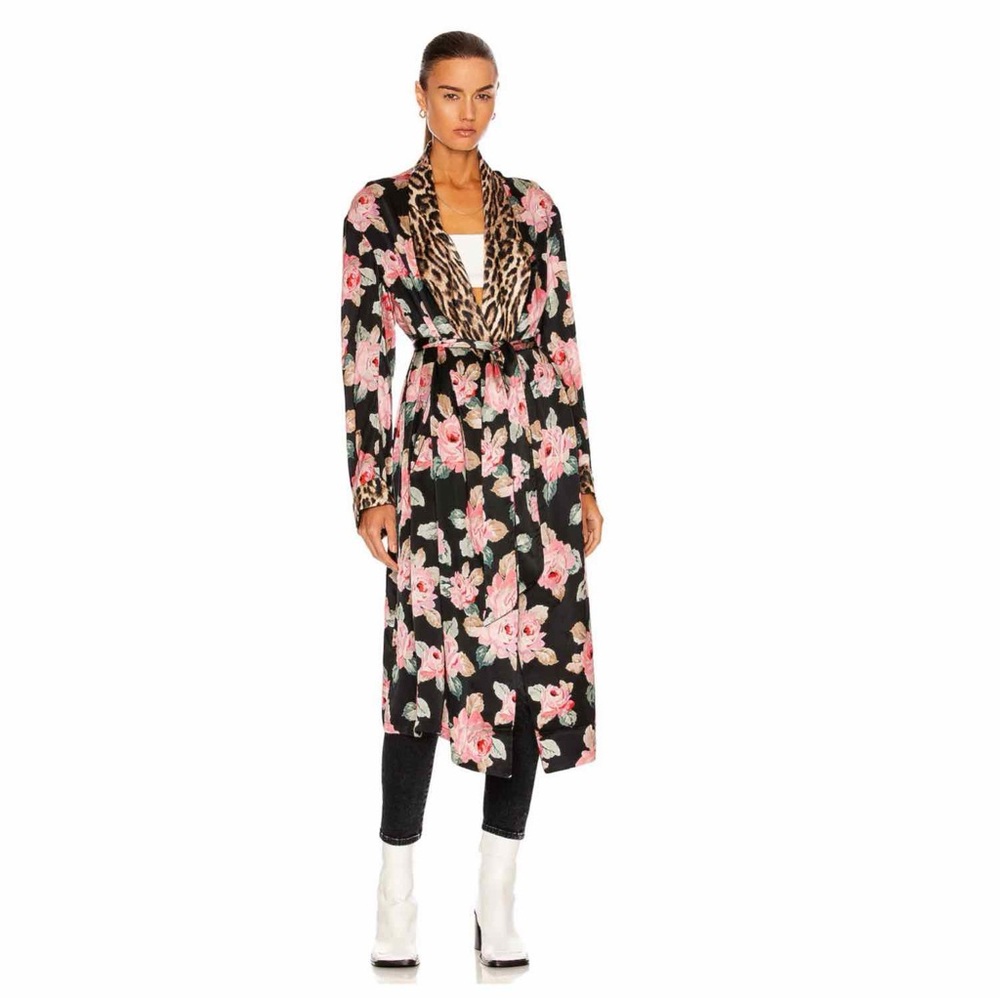 R13 Silk Smoking Robe With Piping Black Floral Leopard Print Size M Tie Belt